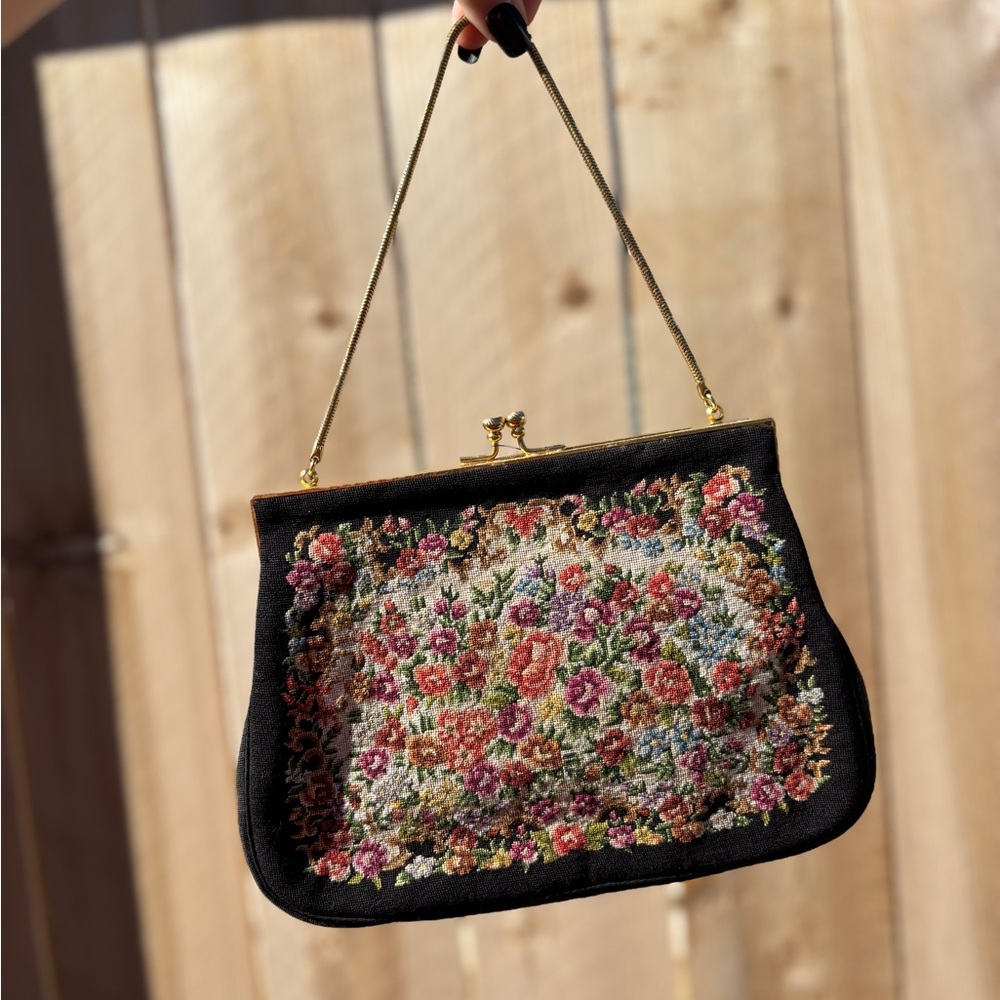Vintage Floral Embroidered Black Handbag